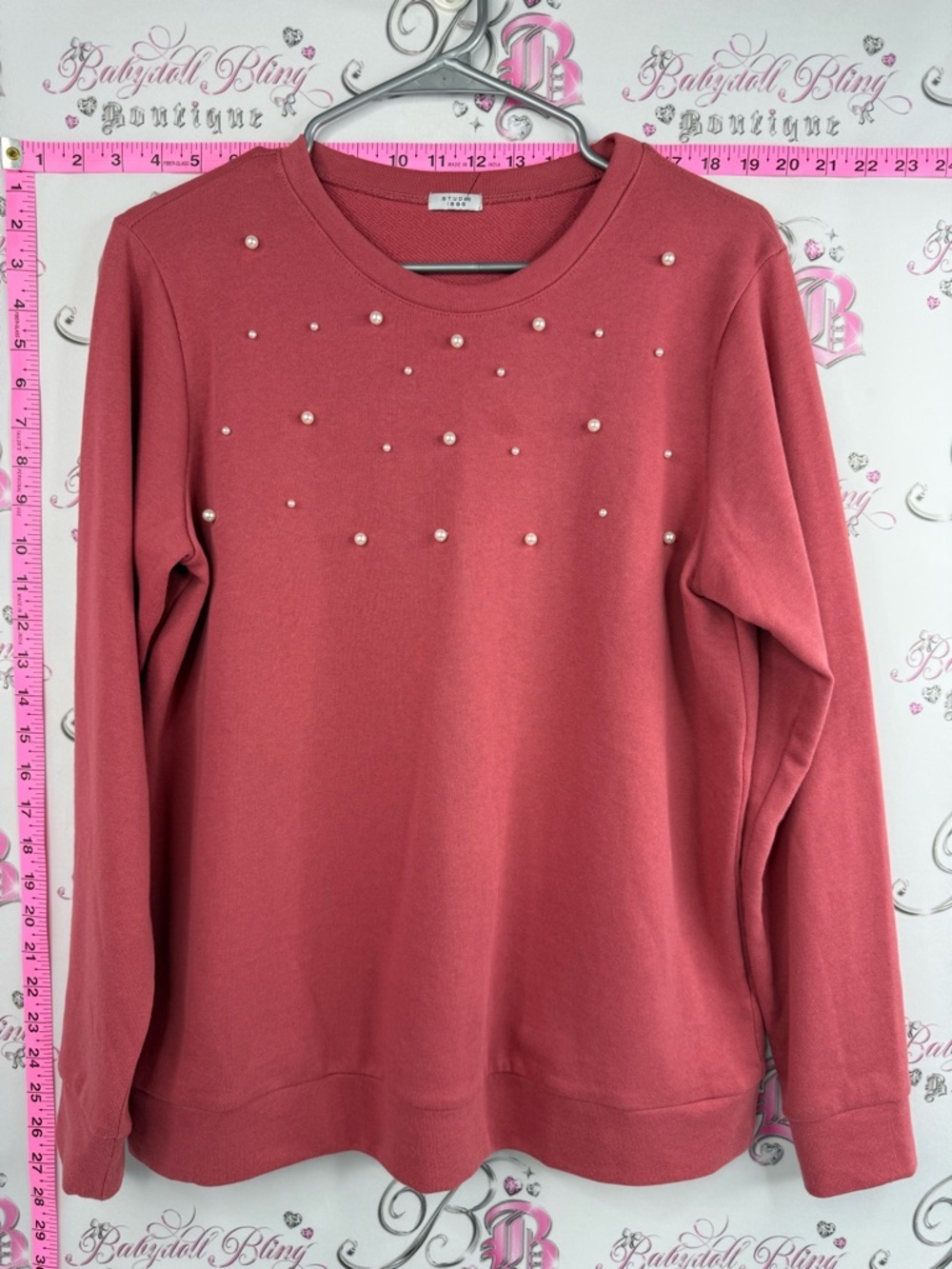 Studio 1886 sweater pearls beaded embroidered red Coral Crewneck Sweatshirt